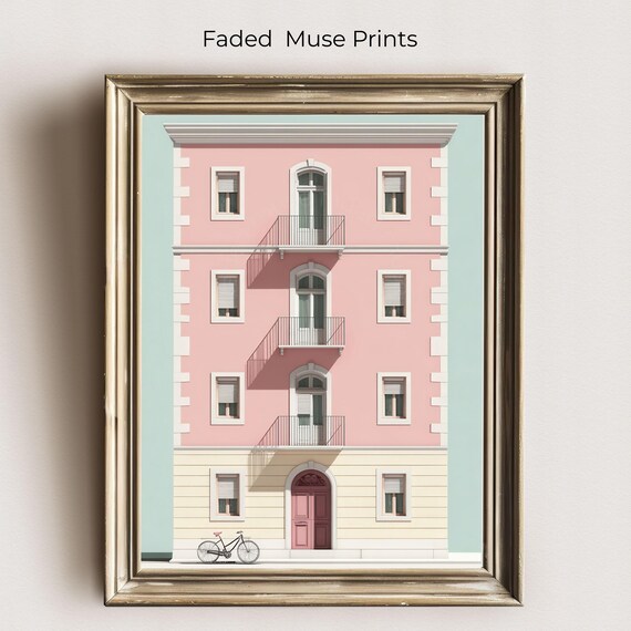 Pink Apartment Building Print Vintage Architecture Wall Art European Travel Poster Printable Instant Download
