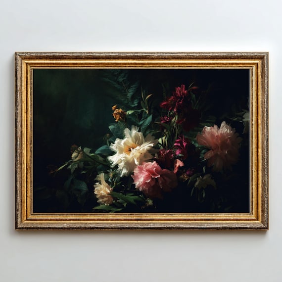 Dark Floral Still Life Print Moody Antique Style Artwork Digital Download