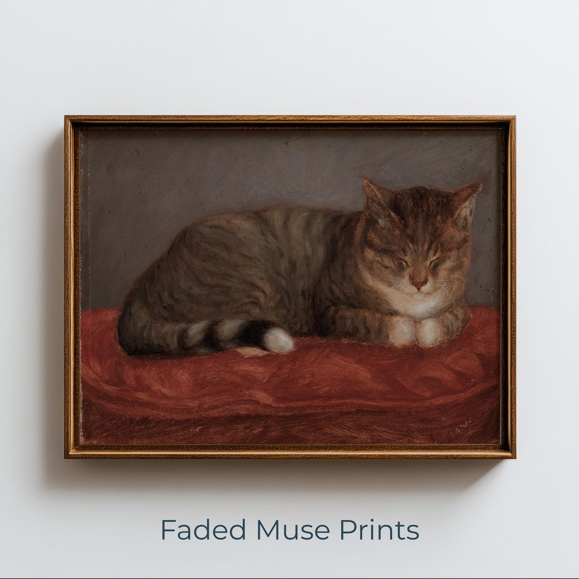 Curled Tabby Cat On Red Blanket Cozy Vintage Cottagecore Art Digital Download 804