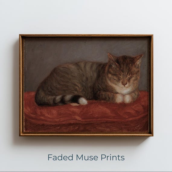 Curled Tabby Cat On Red Blanket Cozy Vintage Cottagecore Art Digital Download 804