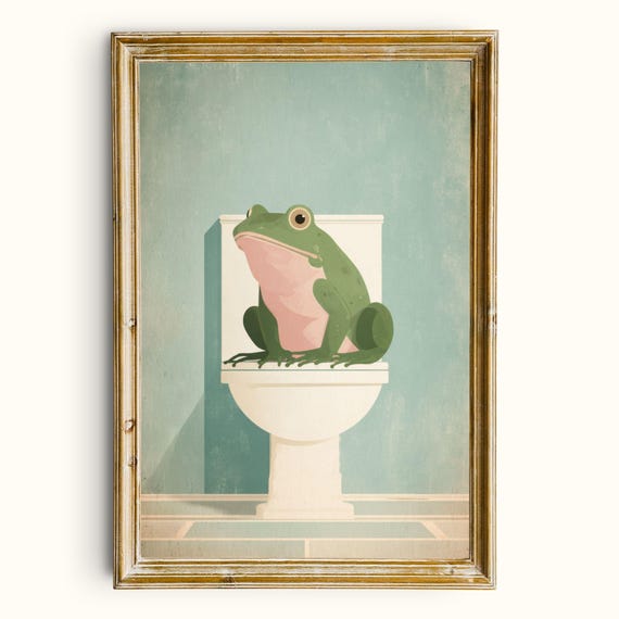 Funny Frog On Toilet Art Print Whimsical Bathroom Decor Digital Download