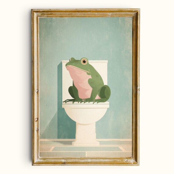 Funny Frog Sitting on Toilet Vintage Teal Whimsical Bathroom Poster