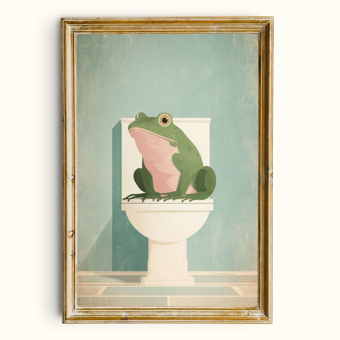 Funny Frog Sitting on Toilet Vintage Teal Whimsical Bathroom Poster