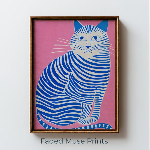 Blue Striped Cat Retro Folk Art Poster