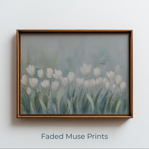 White Tulips Field Vintage Farmhouse Spring Floral Art Poster