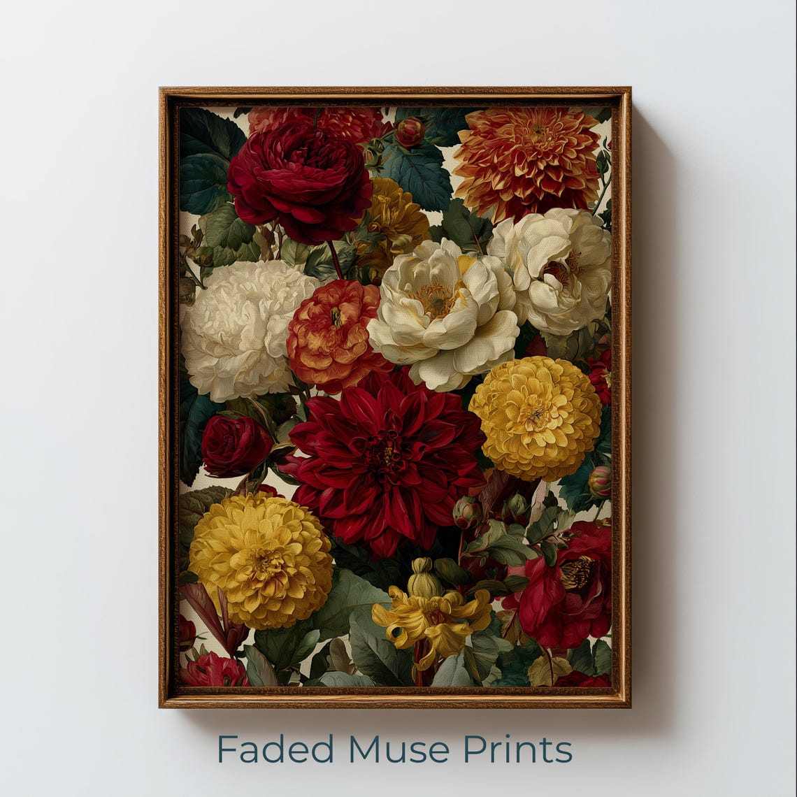 Maximalist Vintage Floral Bouquet Deep Red Peony Dahlia Print
