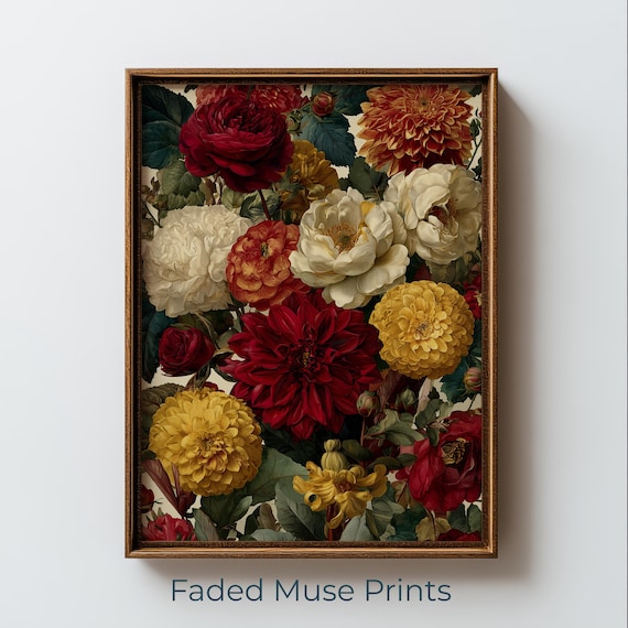 Maximalist Vintage Floral Bouquet Deep Red Peony Dahlia Print