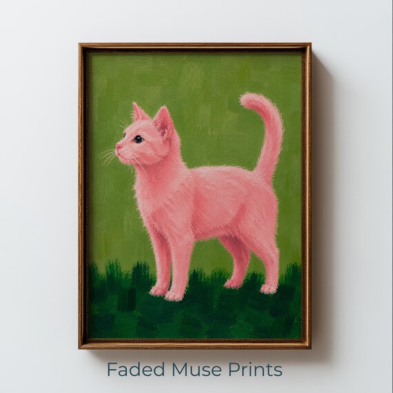 Pink Cat Standing Naive Folk Art Print Printable Wall Digital Download 2825