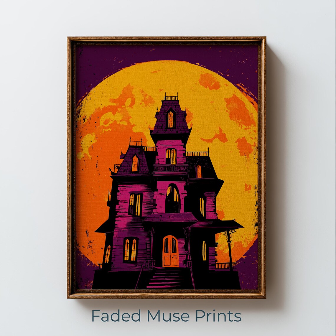 Vintage Haunted Mansion Silhouette, Halloween Moon Art Print