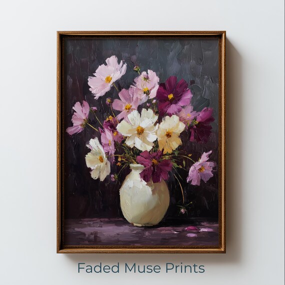 Cosmos Flowers in White Vase Poster Moody Oil Painting Dark Floral Still