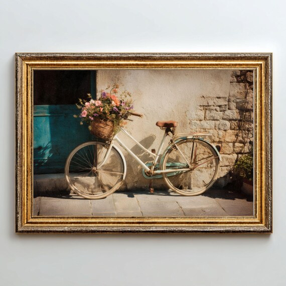 Vintage Bicycle With Flowers Rustic European Street Scene Printable Wall Art Digital Download