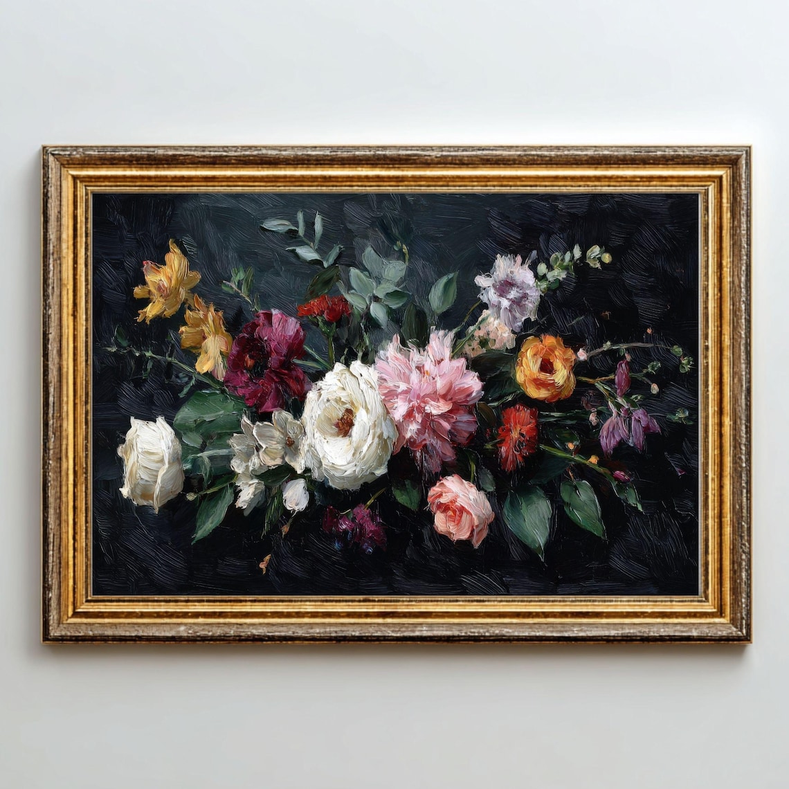 Dark Floral Painting Vintage Moody Garden Bouquet Roses Peonies Art Print