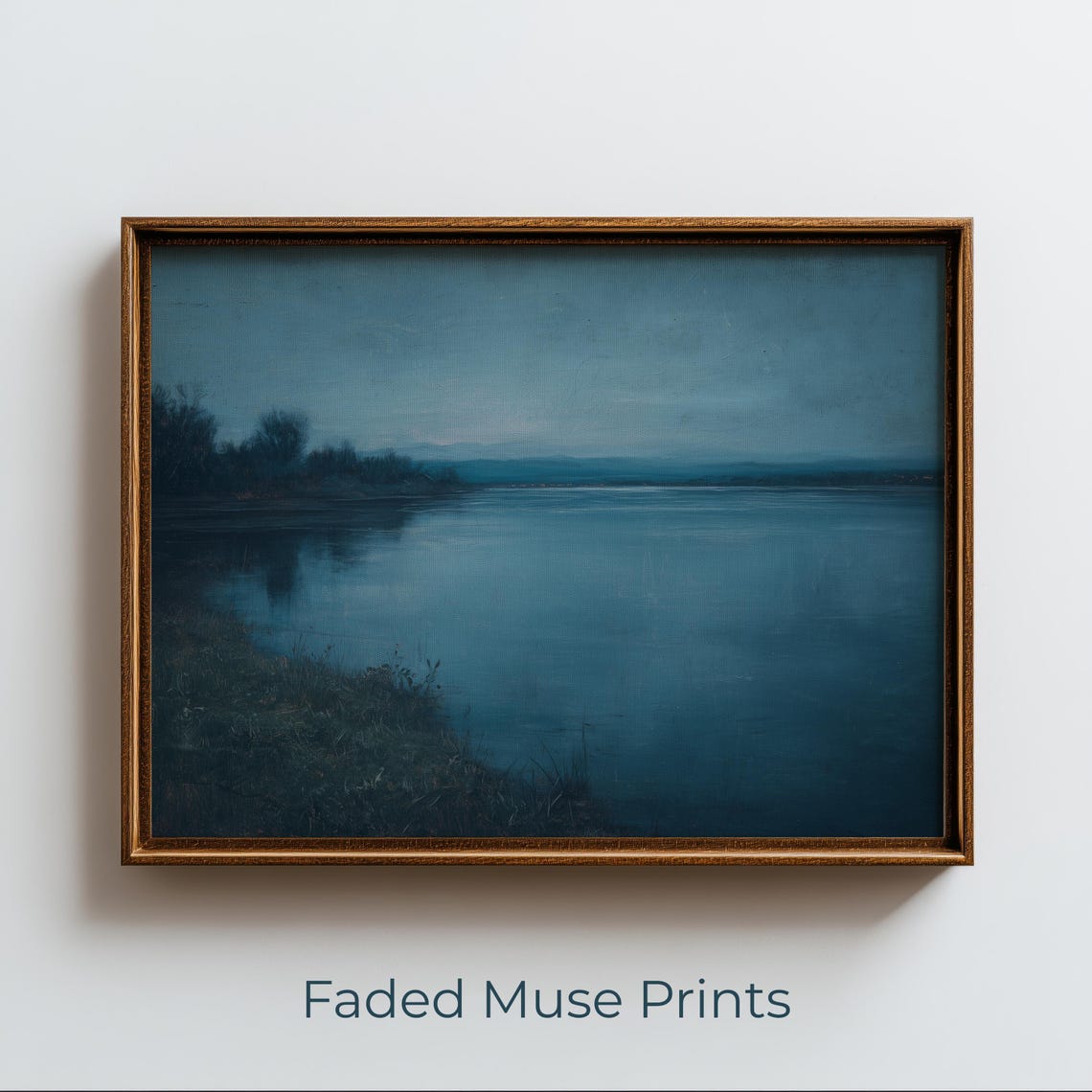 Moody Dusk Lakescape Dark Blue Minimalist Coastal Painting Wall Art
