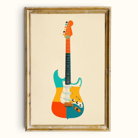 Vintage Color Block Electric Guitar Retro Music Room Artwork Poster