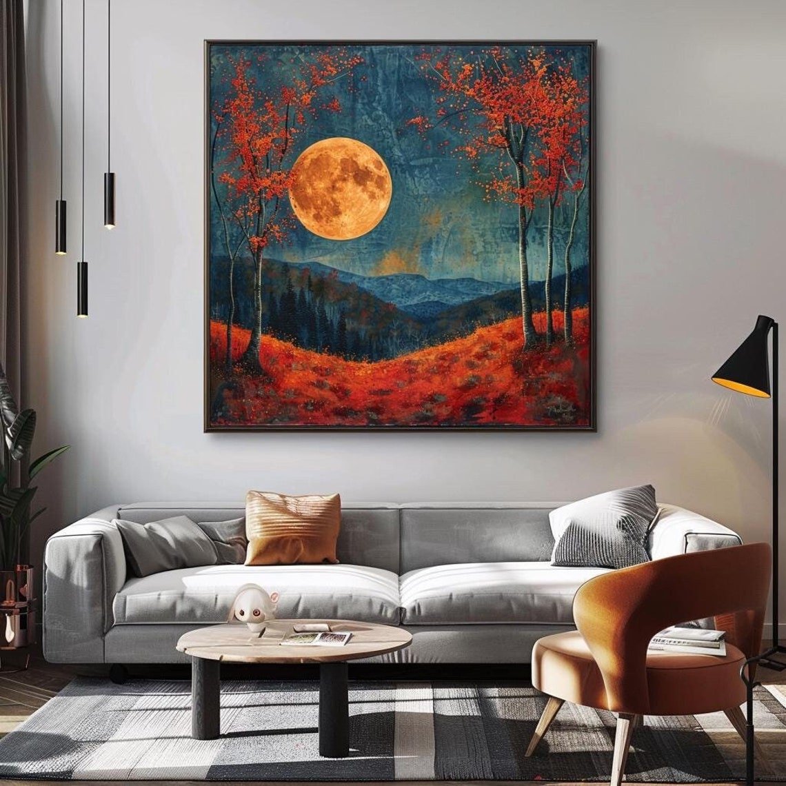 Autumn Full Moon Over Red Trees Mountains Night Sky Landscape Poster