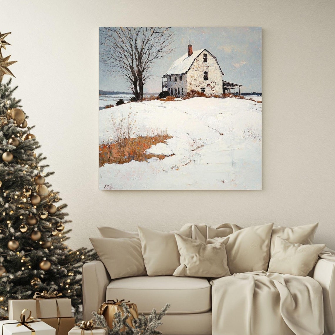 Snowy White Farmhouse Hill Winter Watercolor Rustic Landscape Poster