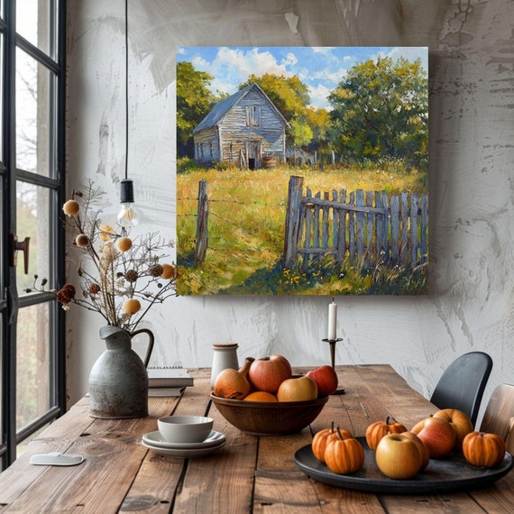Rustic Farmhouse With Weathered Fence Wall Art Rural Landscape Wall Art Farmhouse Style Wall Art Country Living Wall Decor