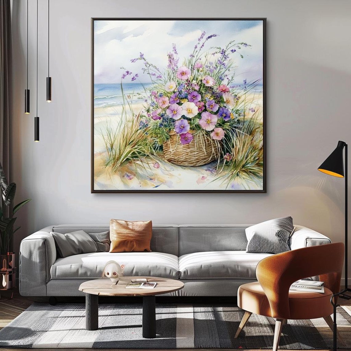Watercolor Wildflower Basket Beach Dunes Ocean Floral Seaside Poster