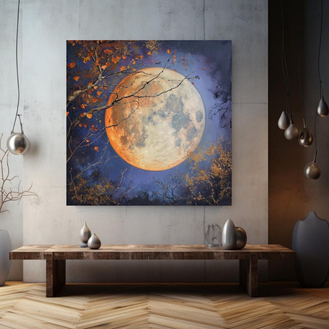 Golden Harvest Moon Autumn Night Branches Enchanting Celestial Art Print