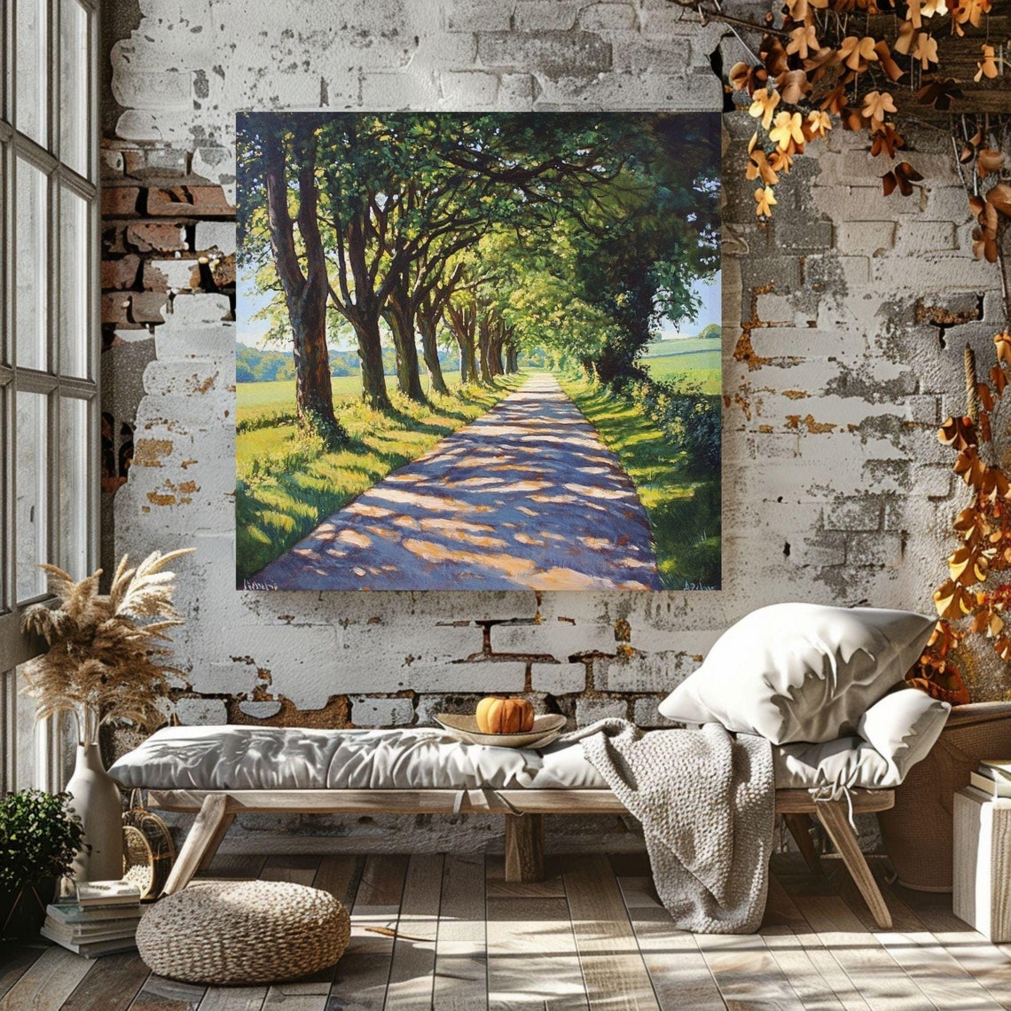 Tree Lined Country Lane Sunlit Path Spring Green Countryside Wall Art