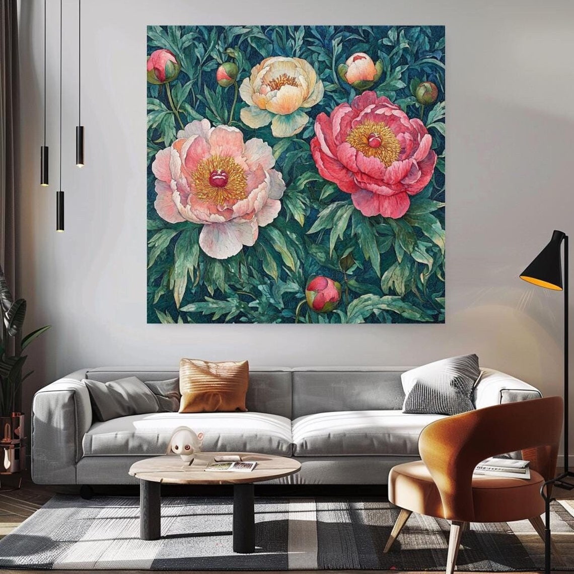 Vintage Peonies Blooming Garden Floral Botanical Wall Art Poster