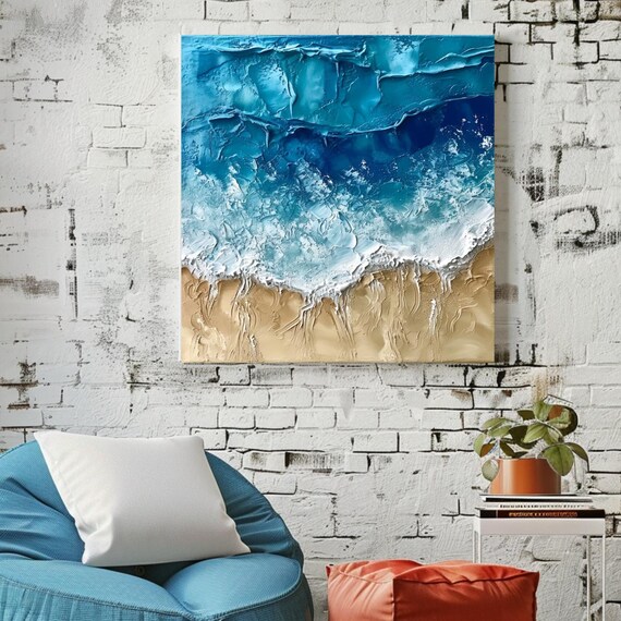 Textured Ocean Wave Crashing Golden Sand Impasto Coastal Beach Art Print