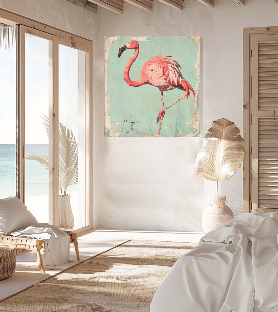 Pink Flamingo Mint Green Vintage Distressed Coastal Bird Art Print