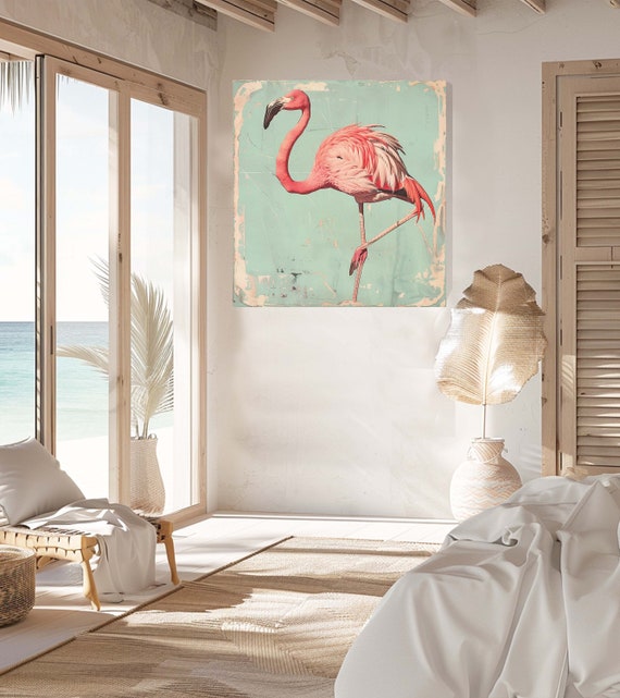 Flamingo Coastal Home Decor Bird Gift Birthday Cute Coastal Art Flamingo Painting Tropical Wall Art Flamingo Wall Art Beach Decor
