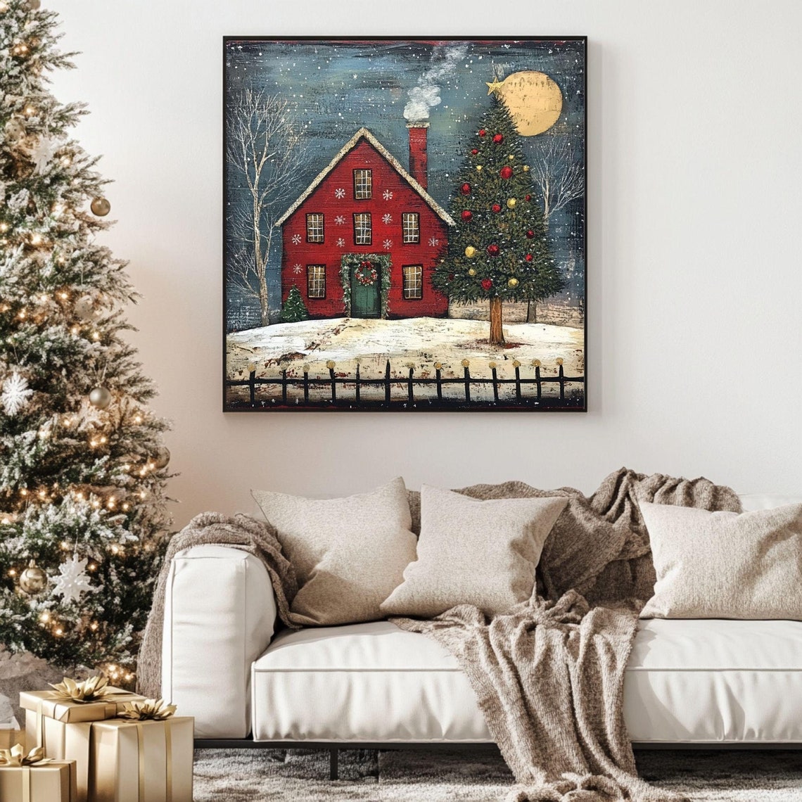 Farmhouse Folk Art Christmas Art Holiday Wall Decor Cozy Christmas Decoration For Living Room Farmhouse Christmas Print