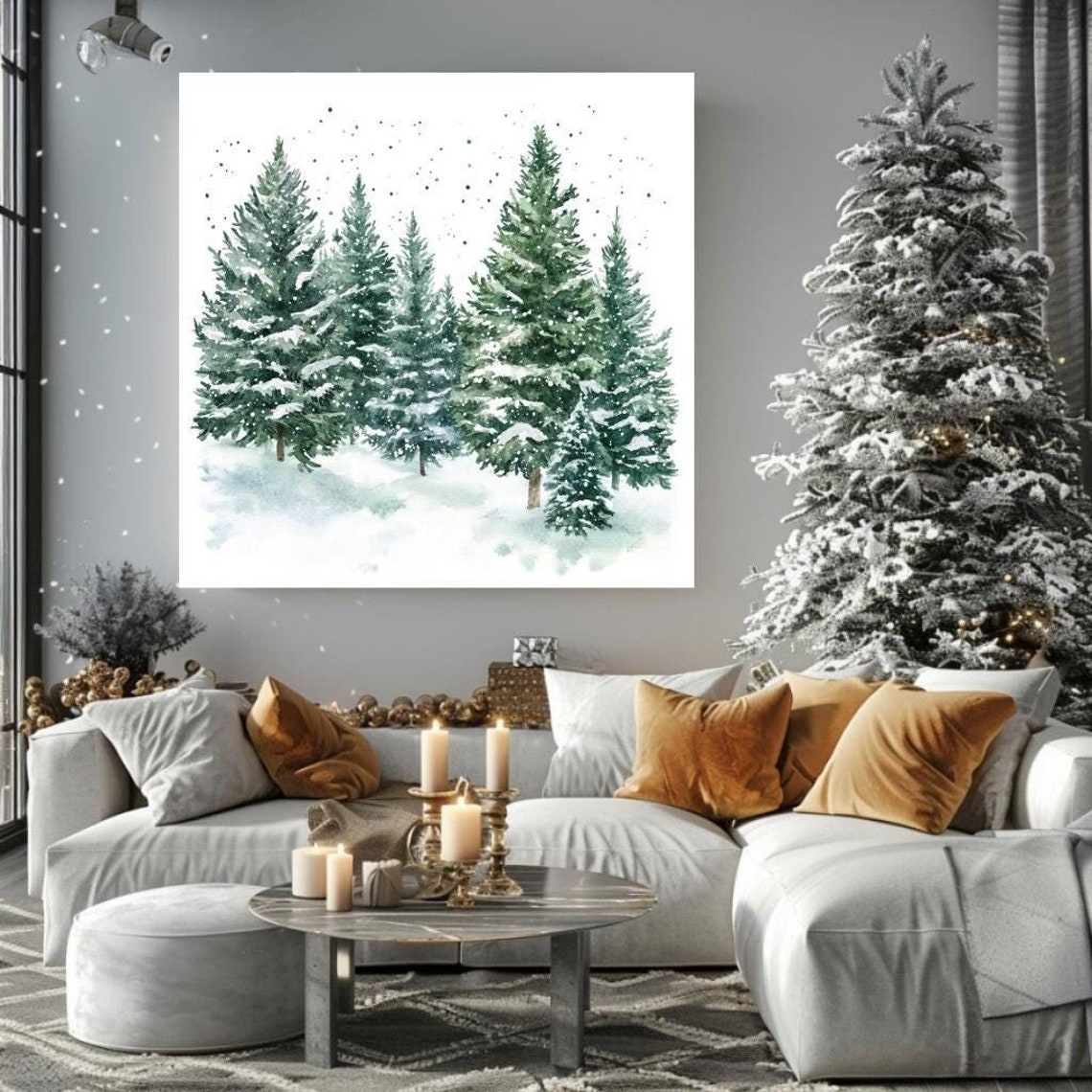 Minimalist Watercolor Snowy Evergreen Trees White Winter Forest Print