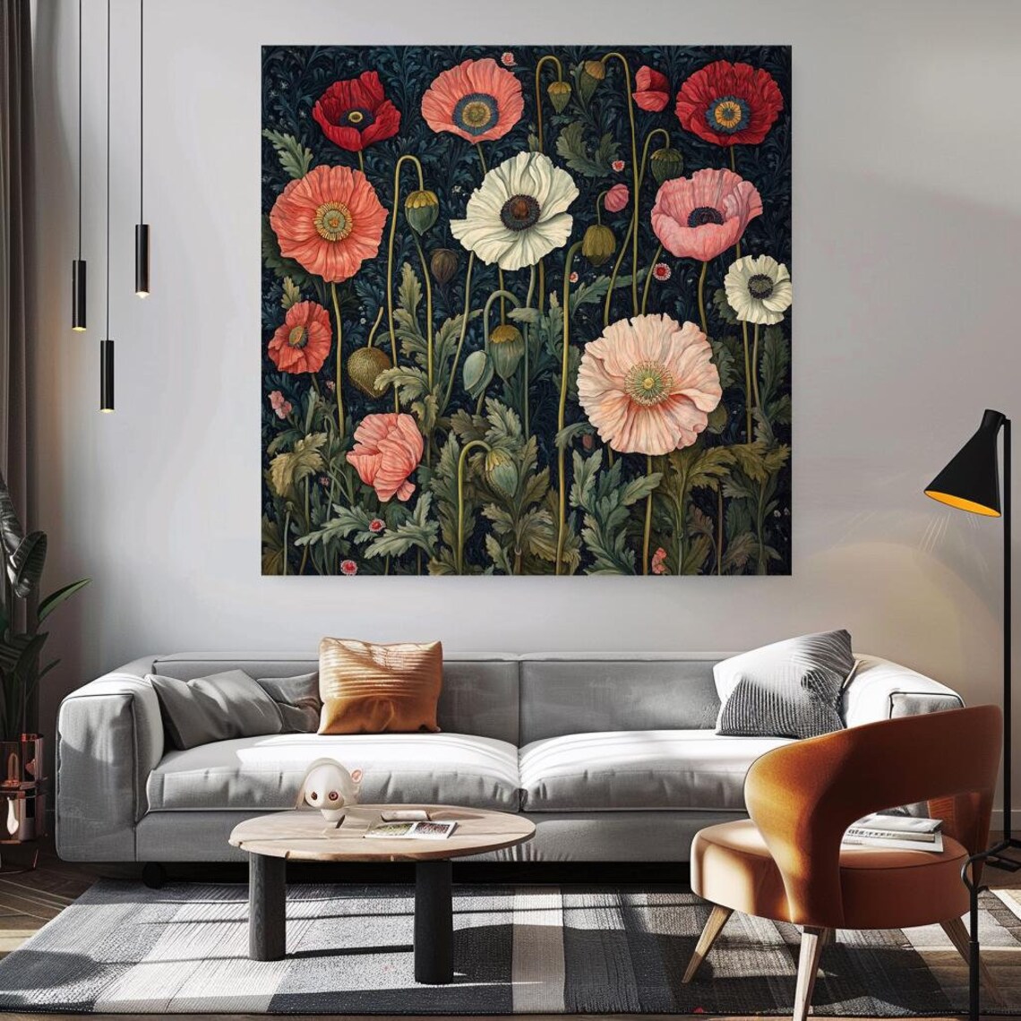 Vintage Poppies Red Coral White Blooms Dark Botanical Wall Art Poster