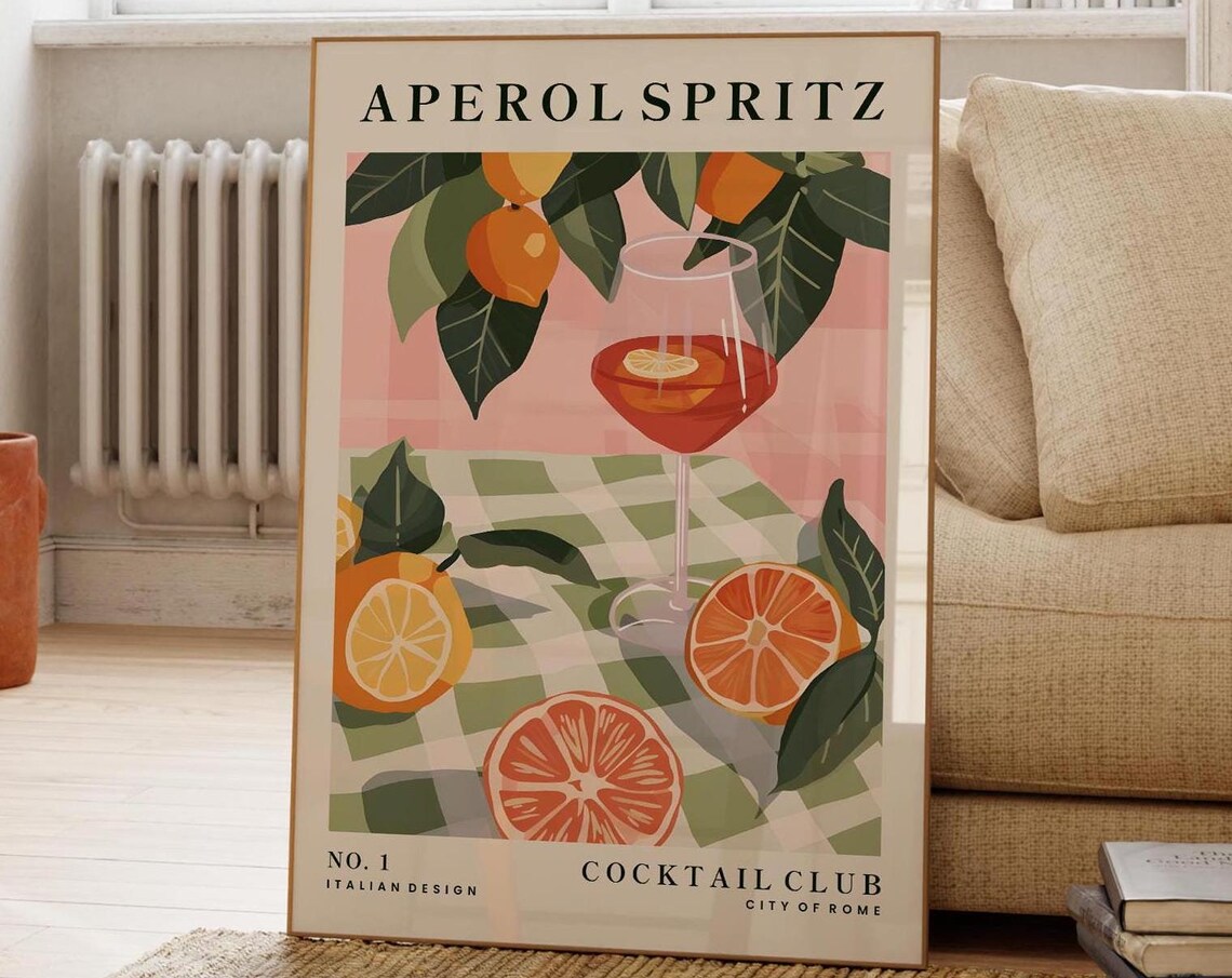 Aperol Spritz Cocktail Club Illustration Poster Italian Orange Drink