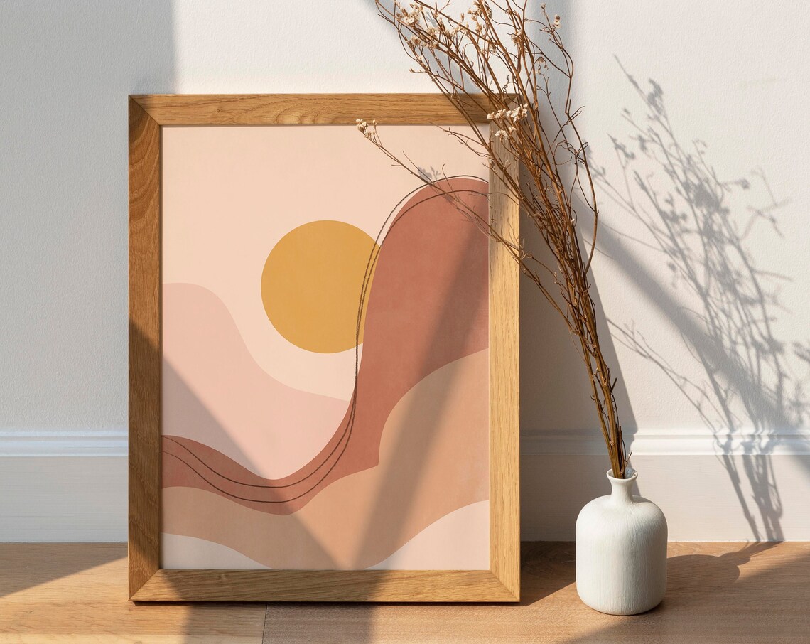 Mustard Sun Over Blush Waves Dreamy Minimalist Boho Art Print