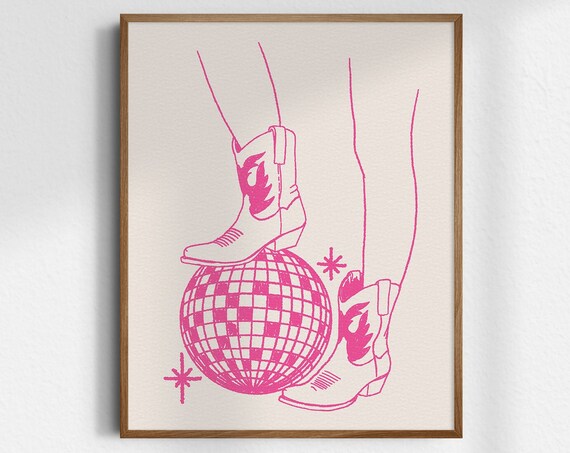 Disco Darlin Poster Pink Cowgirl Boots Disco Ball Western Decor