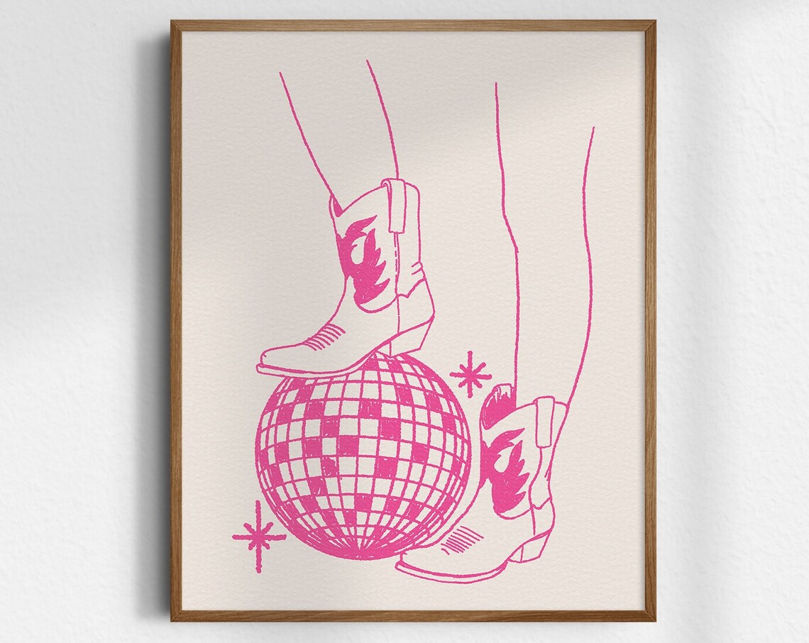 Disco Darlin Poster Pink Cowgirl Boots Disco Ball Western Decor