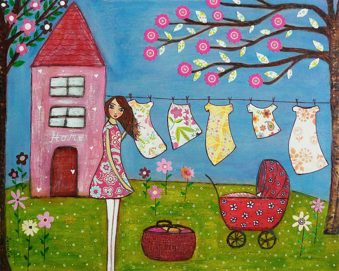 Laundry Day Girl At Pink Home House With Clothesline Art Poster