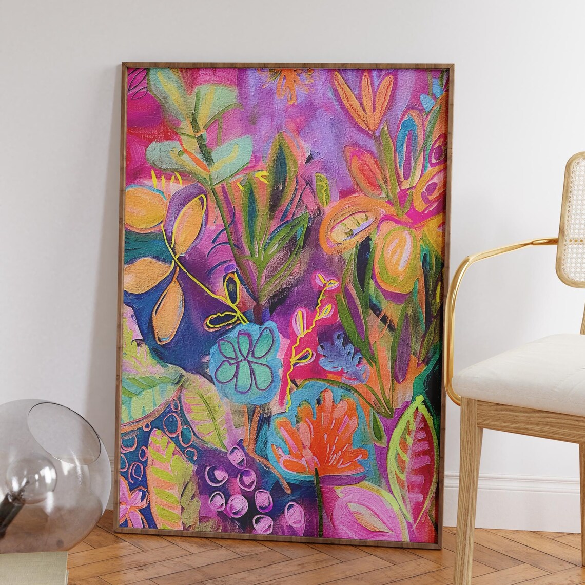 Colorful Neon Abstract Botanical Painting Maximalist Decor Poster
