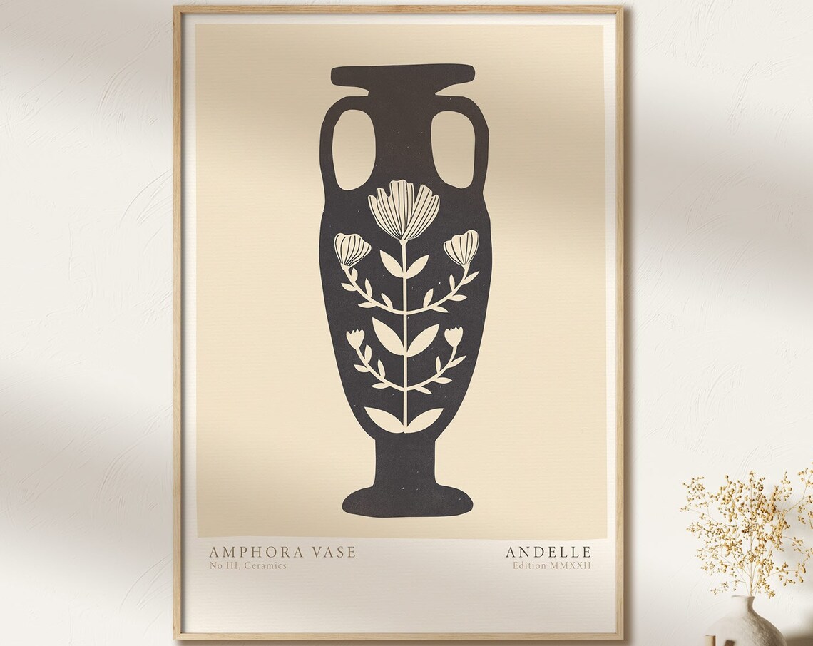 Amphora Vase No III Tall Floral Black on Beige Greek Style Poster