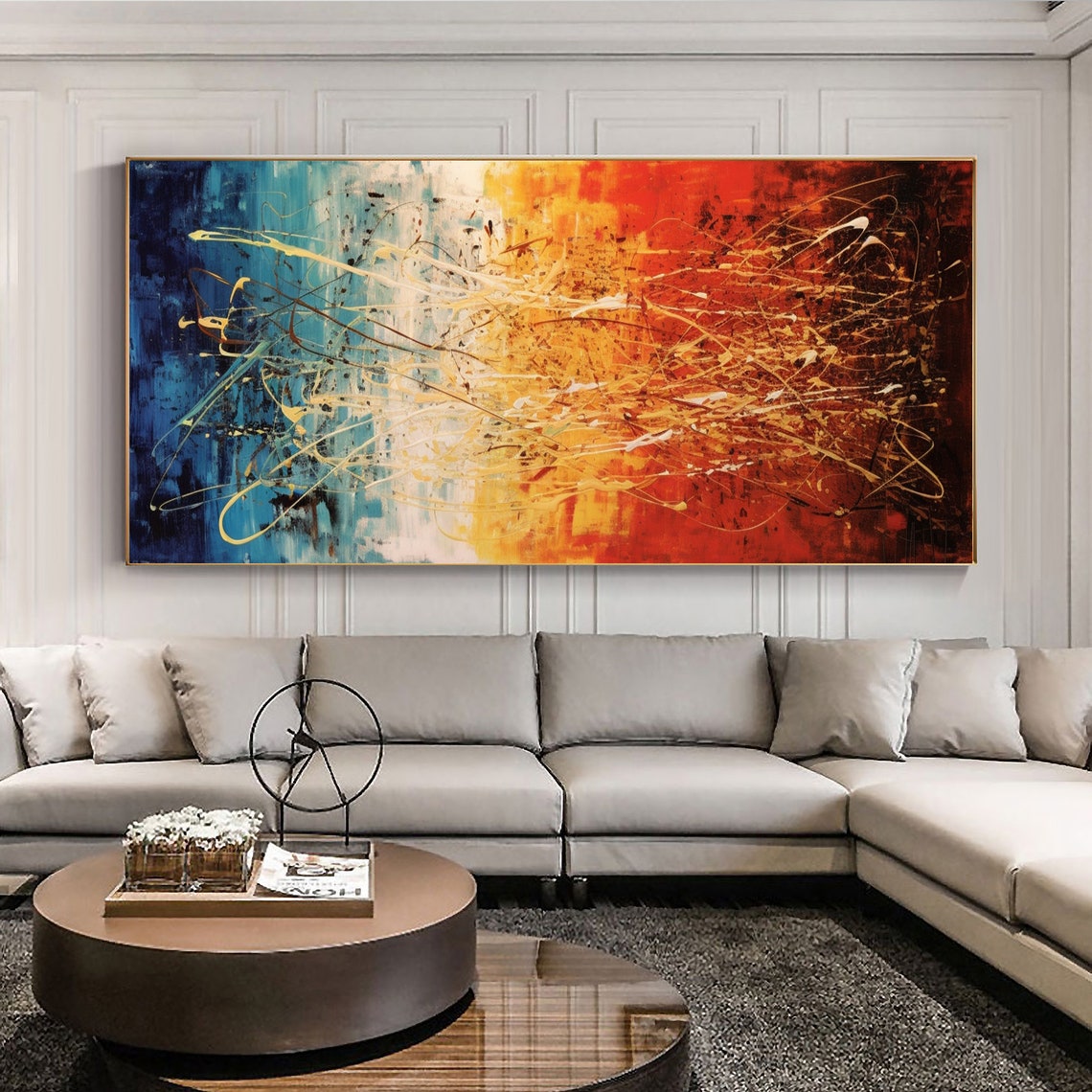 Abstract Blue Orange Gradient Gold Line Strokes Modern Wall Art - Image 2