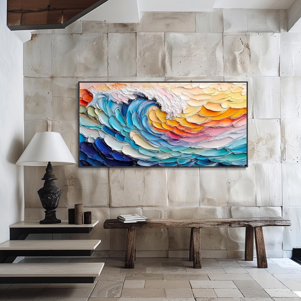Rainbow Sunset Ocean Wave Multicolor Textured Palette Knife Abstract Art Poster - Image 4