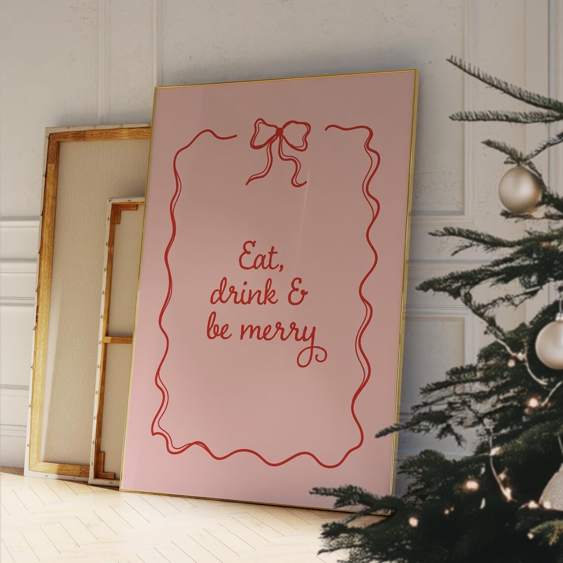 Eat Drink And Be Merry Christmas Pink Bow Border Holiday Poster