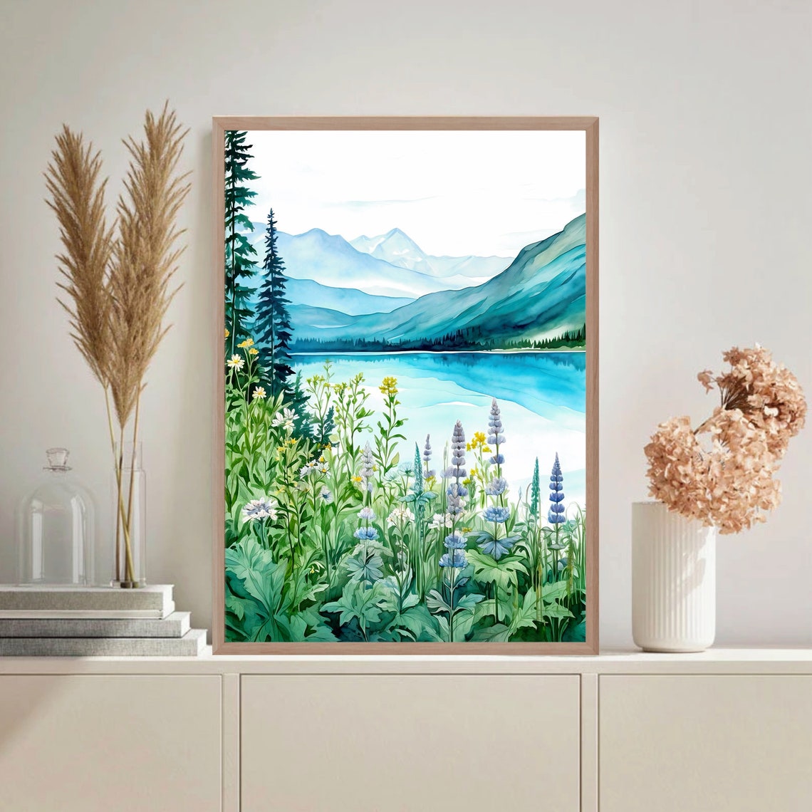 Mountain Lake Lupine Meadow Wildflowers Pine Trees Watercolor Poster - Image 4