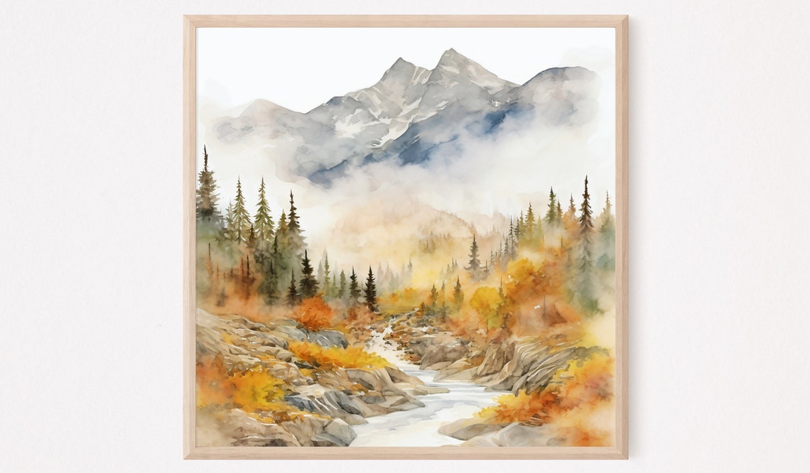 Autumn Mountain Valley Golden River Watercolor Nature Art Poster