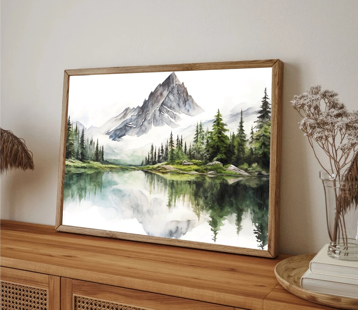 Mountain Lake Reflection Watercolor with Pines and Jagged Peak Poster - Image 2