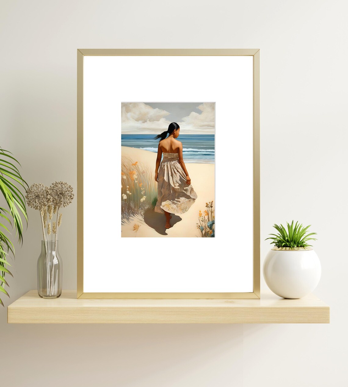 Woman On Beach Windy Dress Back View Coastal Seaside Art Poster - Image 4