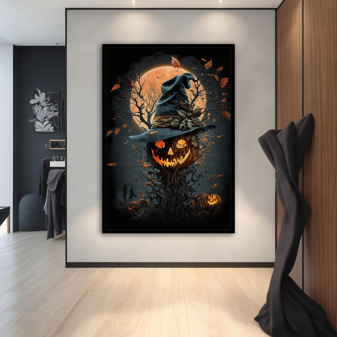 Halloween Pumpkin Scarecrow Witch Hat Full Moon Spooky Wall Art - Image 2