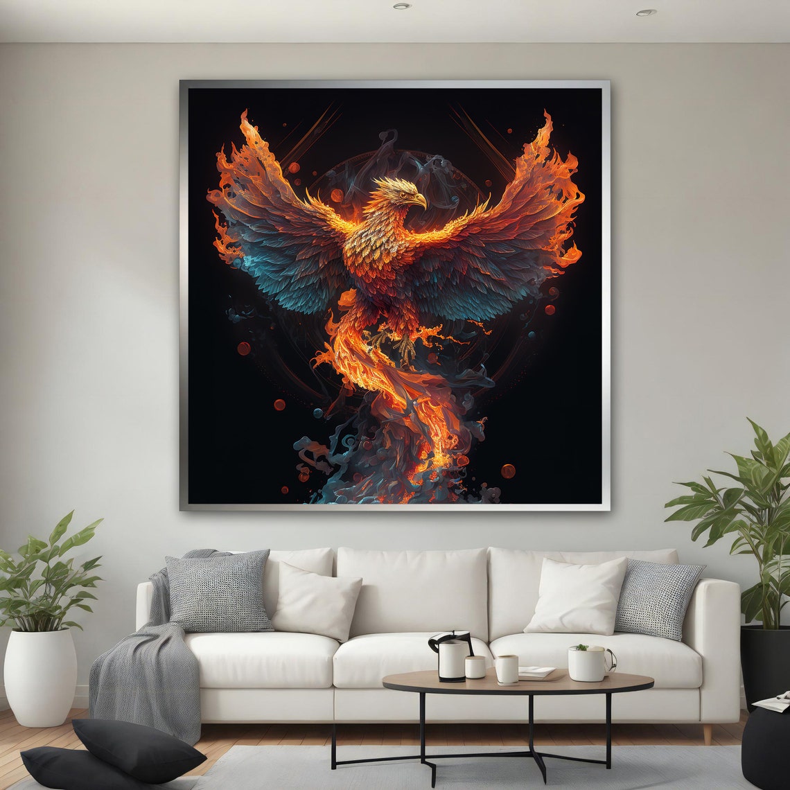 Flaming Phoenix Spread Wings Black Background Fantasy Animal Poster - Image 2