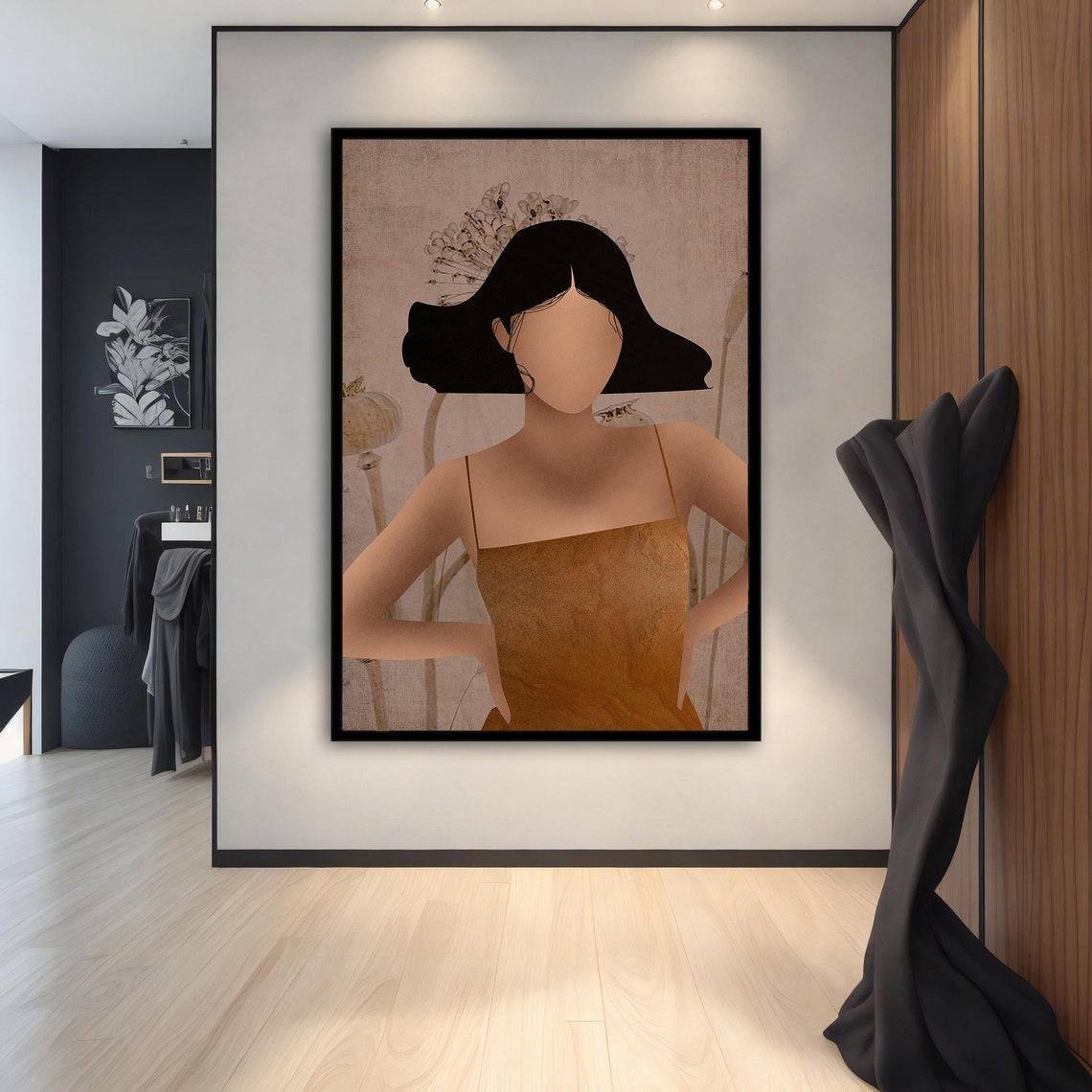Faceless Woman Rust Dress Botanical Minimalist Beige Portrait Wall Art - Image 3