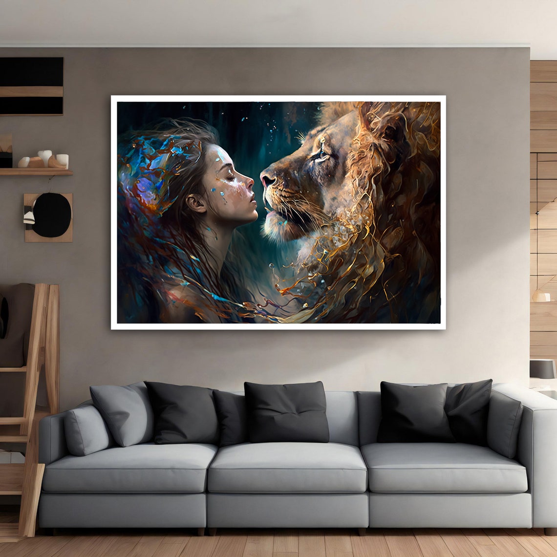 Woman and Lion Face to Face in Splashing Water Fantasy Art Poster - Image 4