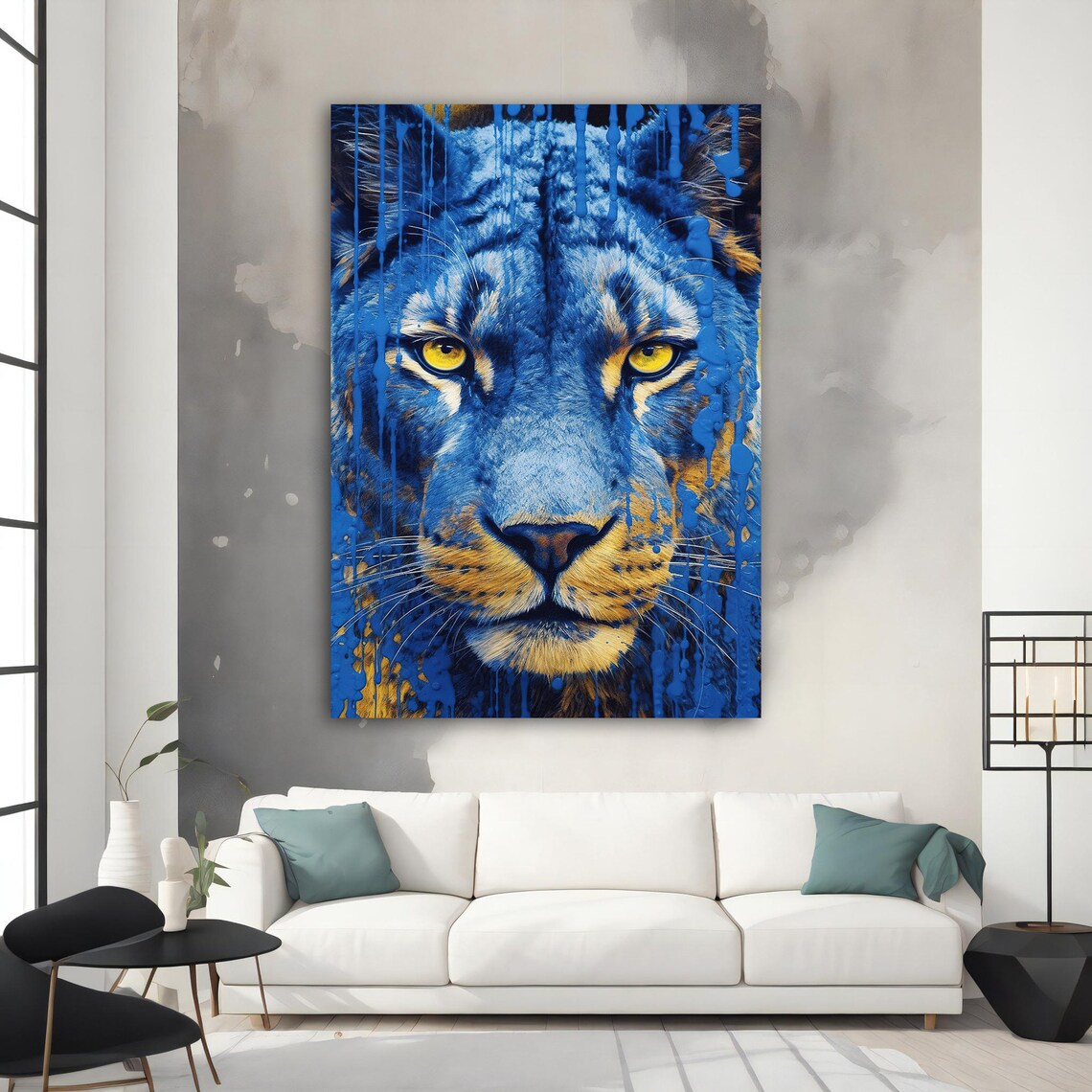 Blue Tiger Face Gold Eyes Dripping Paint Bold Pop Art Wildlife Wall Poster - Image 2
